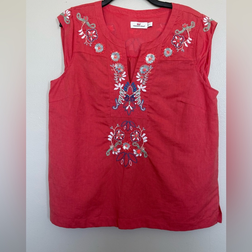 Vineyard Vines Women’s Sz L Embroidered Sequined Coral Sleeveless Floral Top